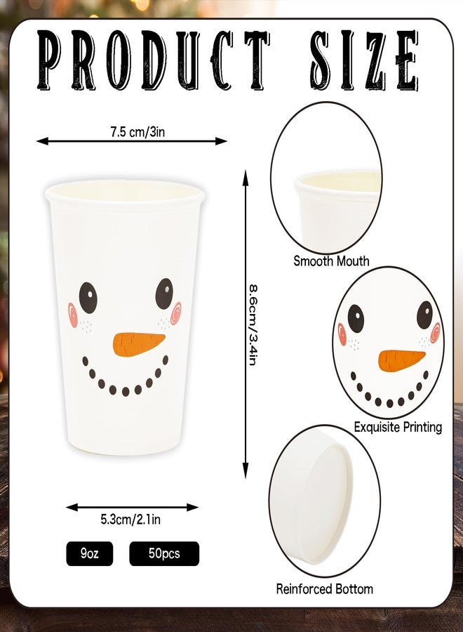 Whaline 50Pcs Winter Snowman Disposable Paper Cups Cute Snowman White Paper Cups Winter Xmas Party Cups for Juice Office Hot Cold Beverage Drinks Seasonal Holiday Party Supplies, 9oz - Image 2