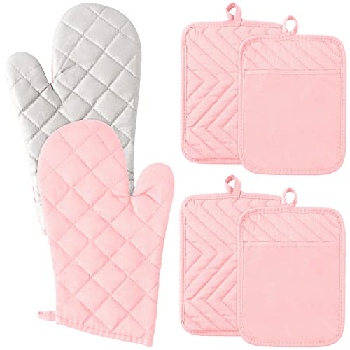GROBRO7 6Pcs Cotton Oven Mitts and Pot Holders Set Heat Resistant Hot Pads Durable Pocket Pot Holder Machine Washable BBQ Gloves with Hanging Loop for Safe Kitchen Baking Cooking Grilling Pink