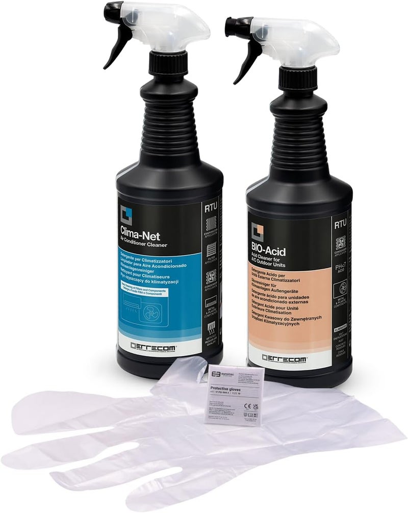 ERRECOM Cleaning Kit for Air Conditioners, includes 1 L bottle of Clima-Net, A/C Filter and Evaporator Cleaner, 1 L bottle of BIO-Acid, Acid Cleaner with Biodegradable Surfactants, Gloves Medium weight - Image 1