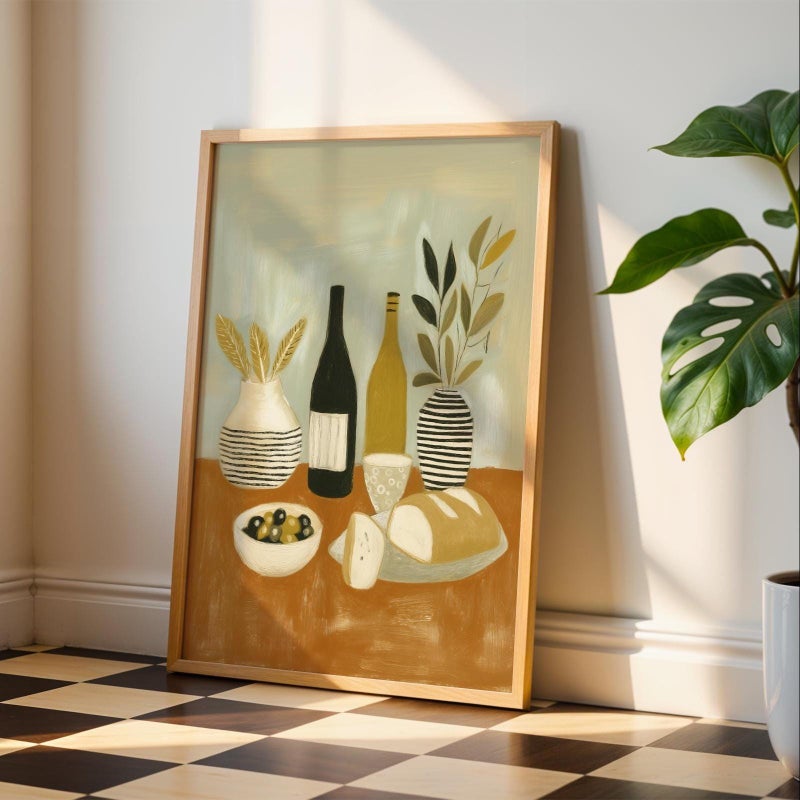 TNESSENTIAL Modern Kitchen Wall Art Print | Still Life Wine & Bread Artwork | Dining Room Decor | Rustic Mediterranean Style Poster | Unframed Print - Image 4