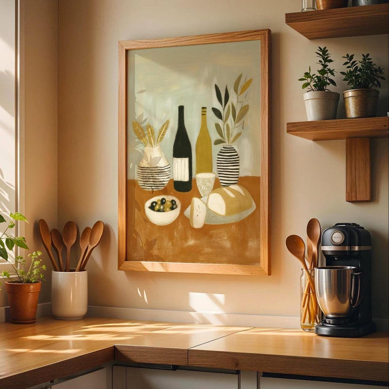 TNESSENTIAL Modern Kitchen Wall Art Print | Still Life Wine & Bread Artwork | Dining Room Decor | Rustic Mediterranean Style Poster | Unframed Print - Image 1
