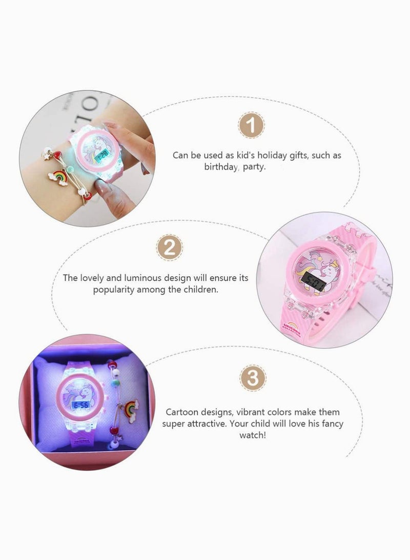 Unicorn Watch Bracelet Set 1 Set Unicorn Watch and Rainbow Beads Bracelet Pink Luminous 3D lovely Cartoon Silicone Children Toddler Wrist Watch Bangle for Kids Girls Little Child - Image 5