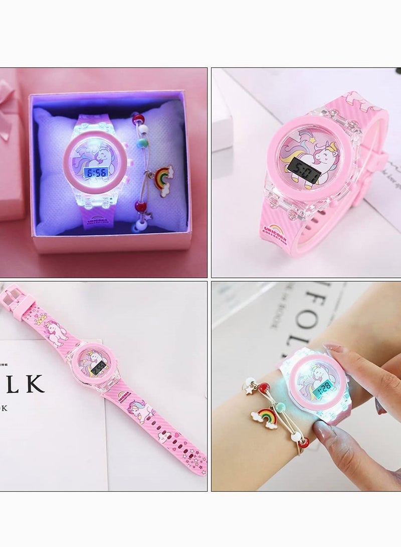 Unicorn Watch Bracelet Set 1 Set Unicorn Watch and Rainbow Beads Bracelet Pink Luminous 3D lovely Cartoon Silicone Children Toddler Wrist Watch Bangle for Kids Girls Little Child - Image 4