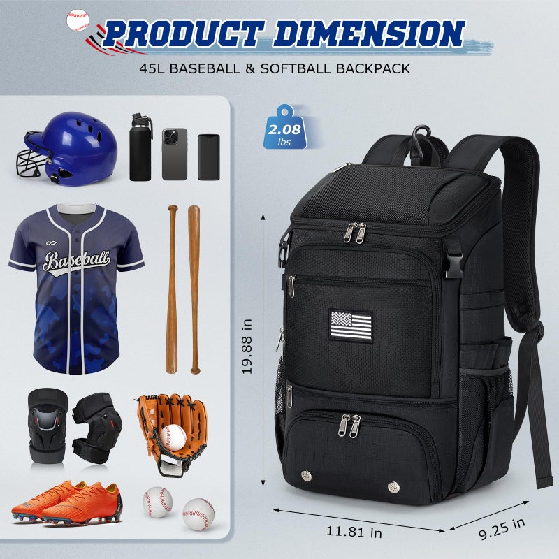 RAINSMORE Baseball Backpack, Lightweight Softball Bag with Shoe Compartment Baseball Bag for Youth & Adult Softball Bat Bag with Fence Hook Helmet Holder Sports Backpack for T-Ball Equipment,Black - Image 4