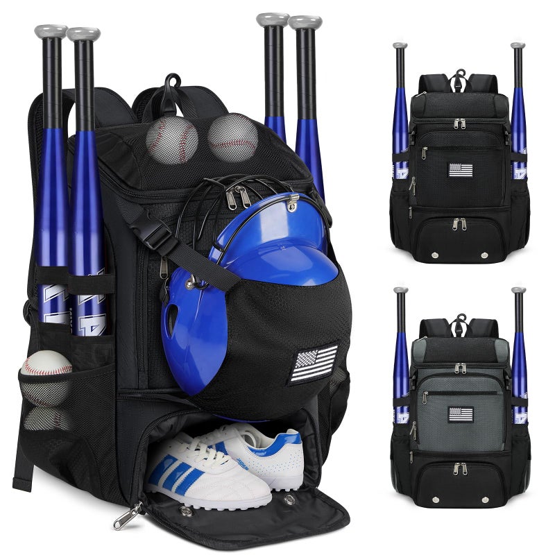 RAINSMORE Baseball Backpack, Lightweight Softball Bag with Shoe Compartment Baseball Bag for Youth & Adult Softball Bat Bag with Fence Hook Helmet Holder Sports Backpack for T-Ball Equipment,Black - Image 1