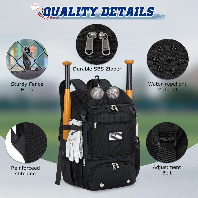 RAINSMORE Baseball Backpack, Lightweight Softball Bag with Shoe Compartment Baseball Bag for Youth & Adult Softball Bat Bag with Fence Hook Helmet Holder Sports Backpack for T-Ball Equipment,Black - Image 5