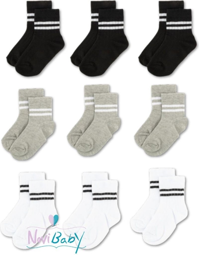 Novibaby 9-Pack Cotton Kids College Socks Baby Unisex Girls Women Boys School Socks, White Black Pink  - Image 1