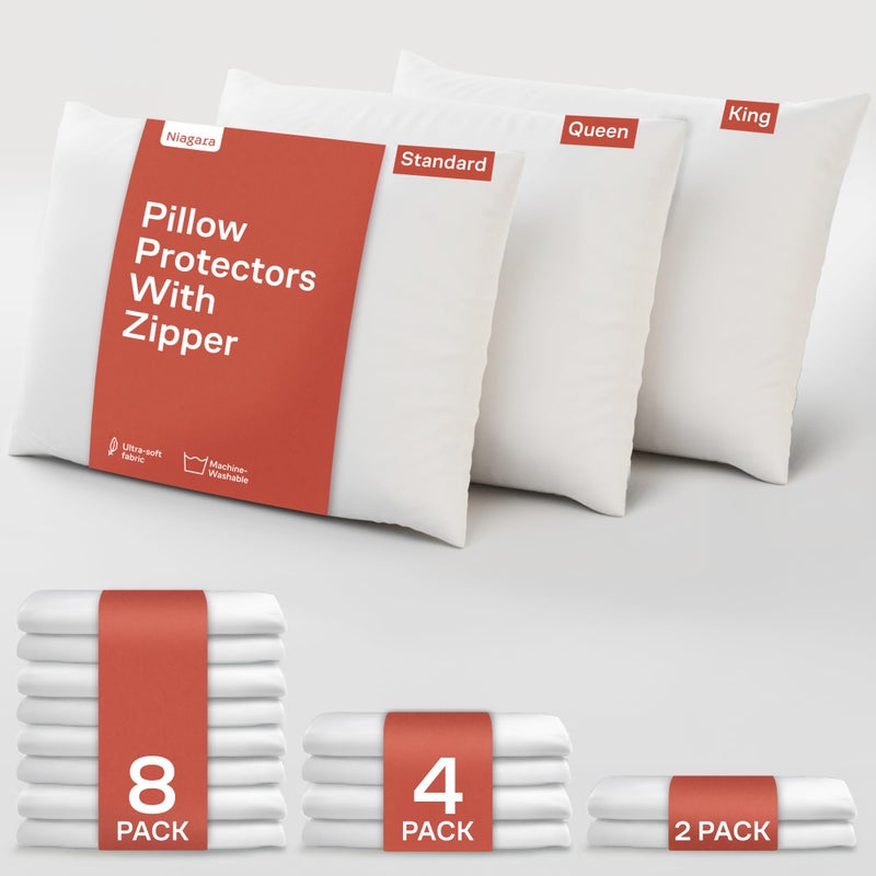 Niagara Sleep Soluti Niagara 8 Pack Standard Pillow Protectors with Zipper  Premium Cotton Sateen Blend Tight Weave Lab Tested Non Noisy Zip Covers Breathable Non Crinky (20x26 Inches)  - Image 1