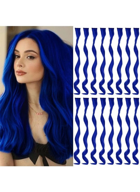 16 Pcs Colored Hair Extensions Curly Wavy Clip in Synthetic Hairpiece Streak for Girls Women Kid, Multi-colors Party Highlights (Blue)