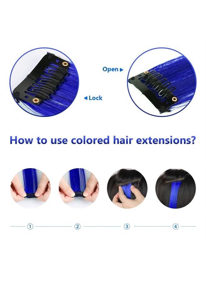 16 Pcs Colored Hair Extensions Curly Wavy Clip in Synthetic Hairpiece Streak for Girls Women Kid, Multi-colors Party Highlights (Blue)