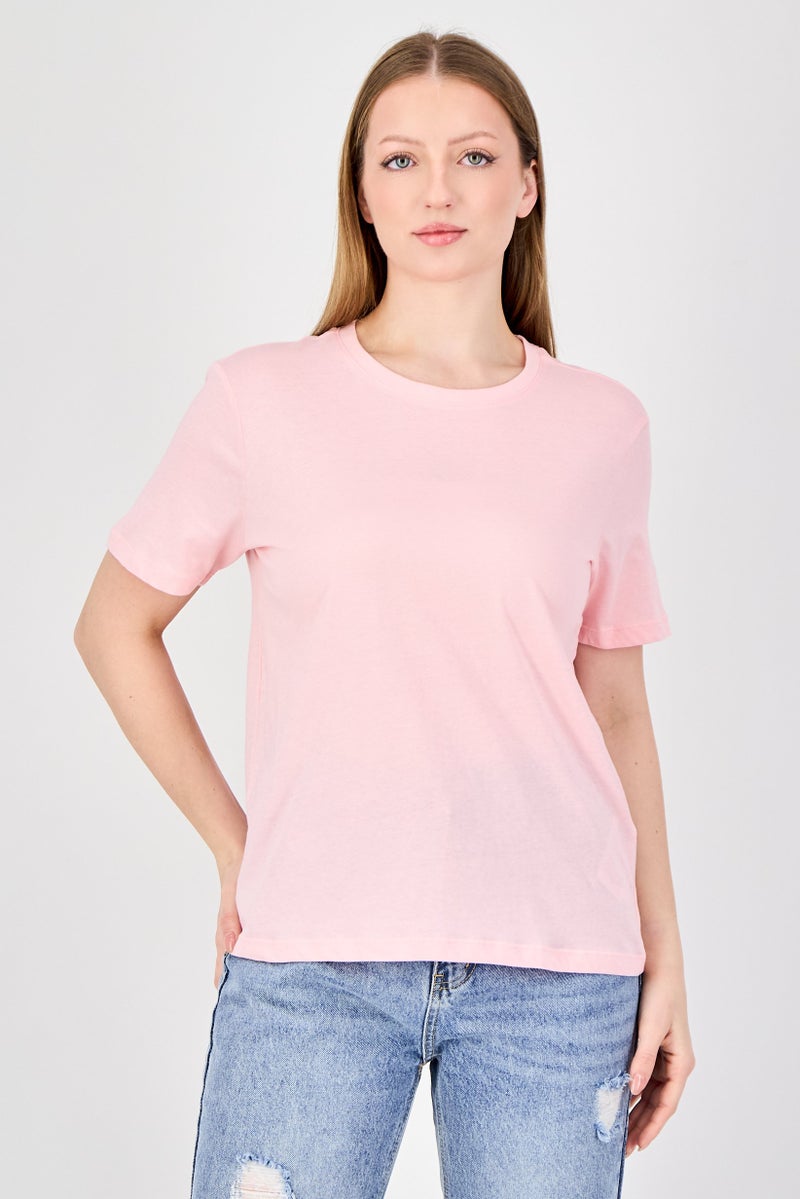 ONLY Women Crew Neck Plain Short Sleeve Top, Pink - Image 1