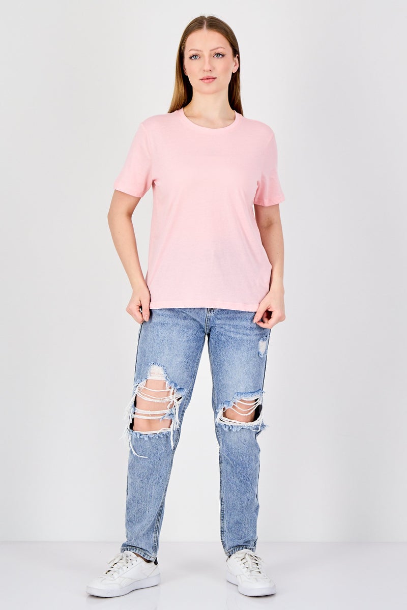 ONLY Women Crew Neck Plain Short Sleeve Top, Pink - Image 2