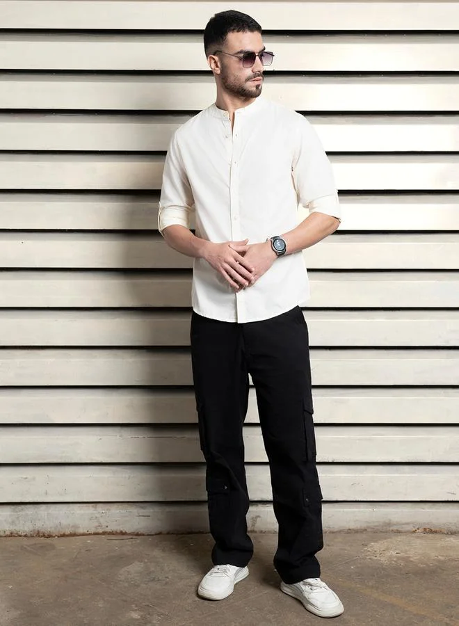 HIGH STAR Solid Mandarin Collar Casual Shirt by Styli