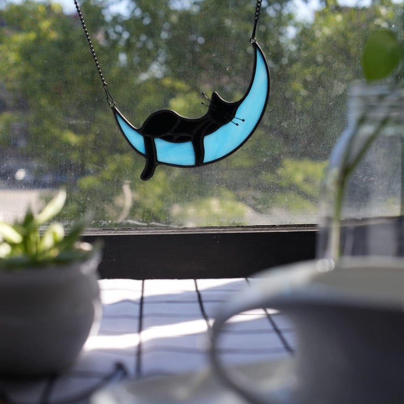 BOXCASA Sleeping Cat Stained Glass Windown Hanging,Black Cat on Moon Beautiful Handcrafted Sun Catcher Gifts for Daughter,Mothers Day,Christmas and Cat Lover - Image 4
