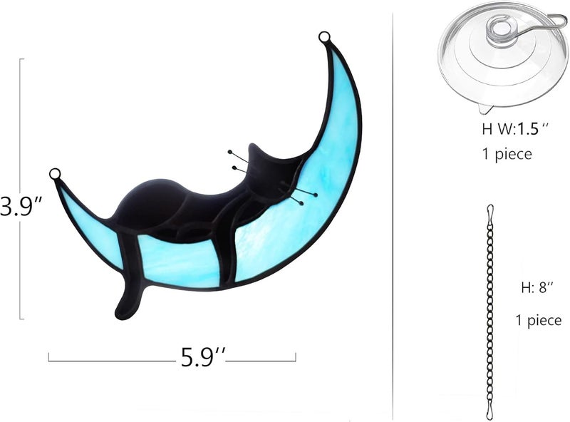 BOXCASA Sleeping Cat Stained Glass Windown Hanging,Black Cat on Moon Beautiful Handcrafted Sun Catcher Gifts for Daughter,Mothers Day,Christmas and Cat Lover - Image 2