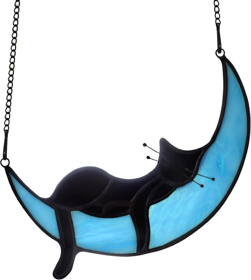 BOXCASA Sleeping Cat Stained Glass Windown Hanging,Black Cat on Moon Beautiful Handcrafted Sun Catcher Gifts for Daughter,Mothers Day,Christmas and Cat Lover - Image 1