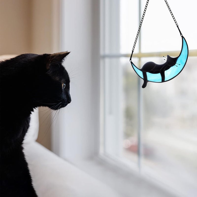 BOXCASA Sleeping Cat Stained Glass Windown Hanging,Black Cat on Moon Beautiful Handcrafted Sun Catcher Gifts for Daughter,Mothers Day,Christmas and Cat Lover - Image 5
