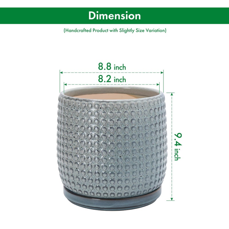 D'vine Dev 8 Inch Ceramic Beaded Stoneware Planter Pot - Flower Pot with Drainage Holes and Saucers for Indoor Succulent Plants or Flowers, Graphite Blue, 27-C-Q-9 - Image 3