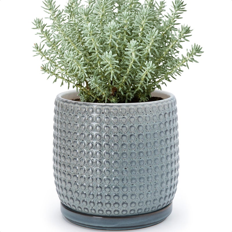 D'vine Dev 8 Inch Ceramic Beaded Stoneware Planter Pot - Flower Pot with Drainage Holes and Saucers for Indoor Succulent Plants or Flowers, Graphite Blue, 27-C-Q-9 - Image 1