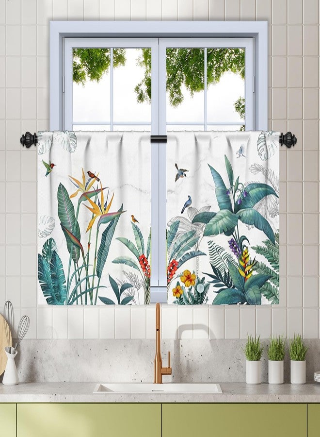 Renaiss 26 x 36 Inch Tropical Plants Kitchen Window Curtains Over Sink Rainforest Palm Trees Flowers Birds Small Window Treatment Curtains Linen Cafe Short Curtains for Bathroom Tier Drapes 2 Panels - Image 1