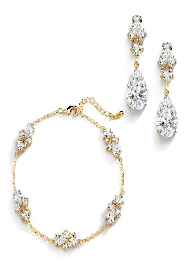 Mariell Gold Cubic Zirconia Crystal Bridal Bracelet & Earrings Set, Gold Wedding Jewelry Set, Bracelet Adjustable Length 7 ¼" (Regular Size) to 8 ¾" (Large Size) - Image 1