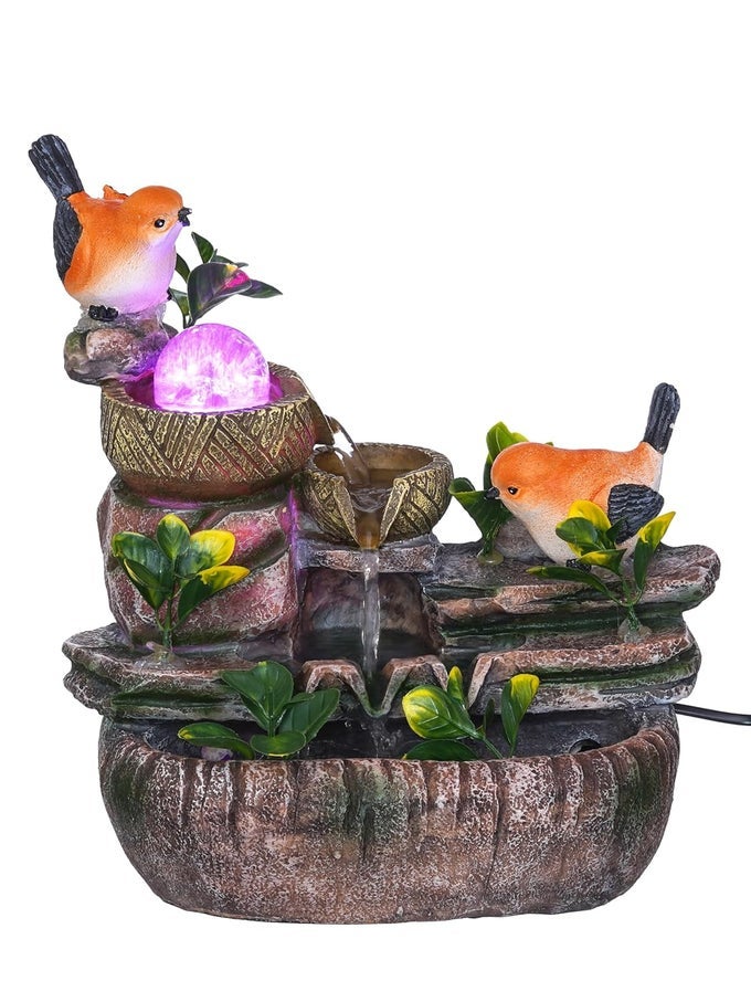 POLYRESIN ORANGE BIRDS TABLETOP 3 STEPS INDOOR WATER FOUNTAIN FOR HOME DECOR WITH LED SPEED CONTROLLER PUMP CRYSTAL BALL SIZE 26 X 17 X 31 CM COLOUR MULTIWEIGHT 1770 GRAM