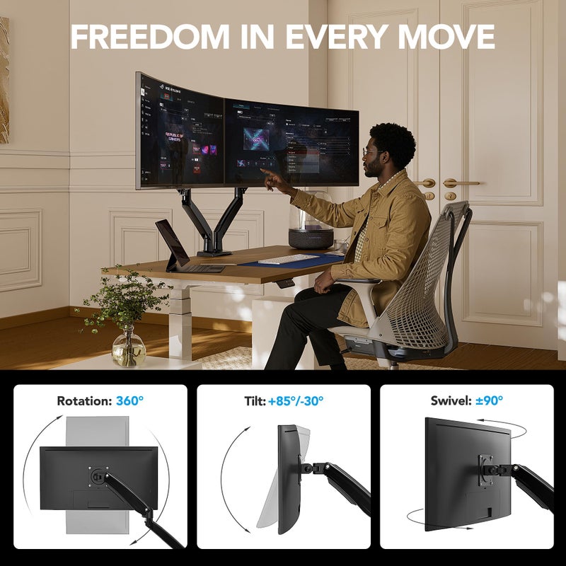 HUANUO NITROGLIDEâ„¢ Dual Monitor Stand for 13â€³â€“40â€³, Premium Dual Monitor Mount with USB, Height Adjustable Monitor Stand for 2 Monitors, VESA Mount with Clamp/Grommet Base, Holds 26.4lbs per Arm, HNDS7 - Image 4