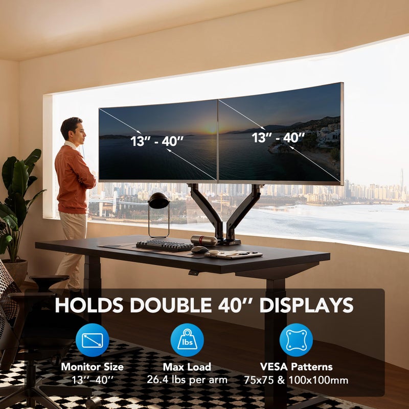 HUANUO NITROGLIDEâ„¢ Dual Monitor Stand for 13â€³â€“40â€³, Premium Dual Monitor Mount with USB, Height Adjustable Monitor Stand for 2 Monitors, VESA Mount with Clamp/Grommet Base, Holds 26.4lbs per Arm, HNDS7 - Image 2