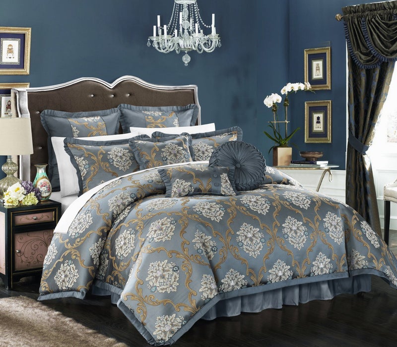 Chic Home Chic Home Blue Jacquard Comforter Set Queen Size Aubrey 9 Piece Decorator Upholstery Bedding Ensemble with Decorative Pillows Bedskirt Shams 