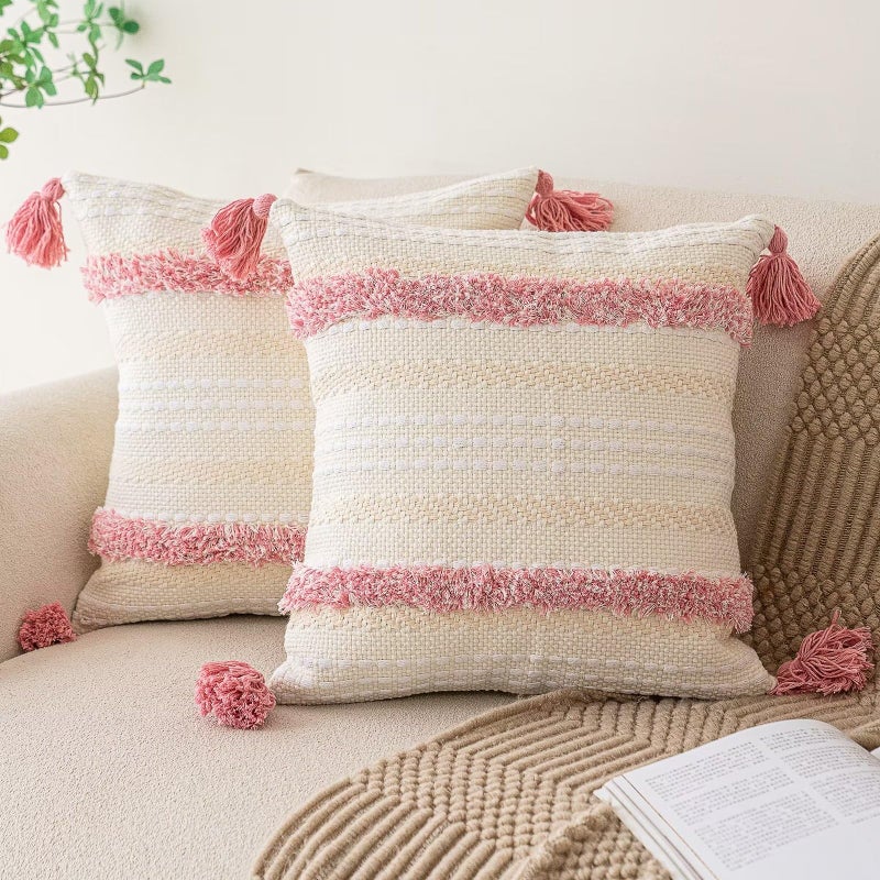 BUIOVBEY Boho Throw Pillow Covers 20x20 Set of 2 Woven Tufted Farmhouse Pillows Cover with Tassels Textured Striped Cushion Case Neutral Pillow Cases Decorative Pillowcase for Sofa  Couch  Bed  Pink - Image 1