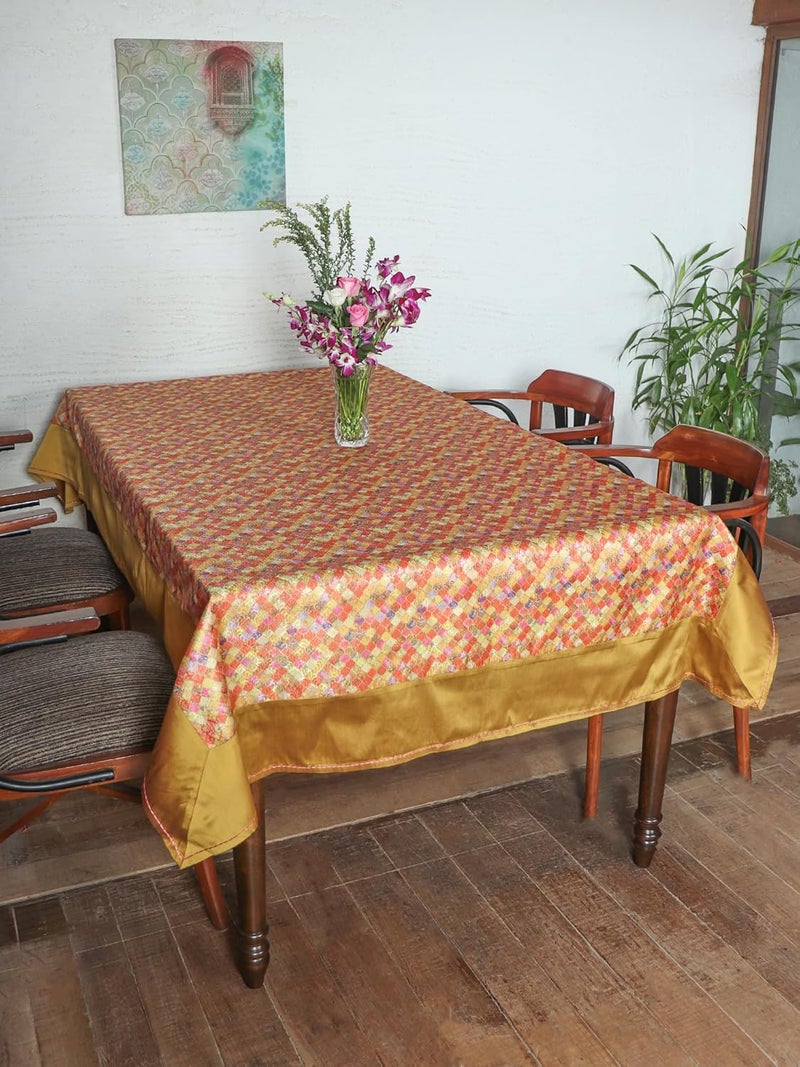 ZEBA World Table Cover Floral Brocade Silk and Border Patchwork | Red and Gold | Heat Resistant Table Cover for Kitchen Table/Dining Table Cloth, 52 X 84 Inches; 130 cm X 210 cm - Image 1