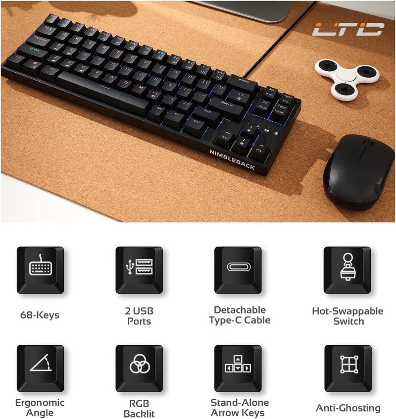 LTC NB681 Nimbleback Wired 65% Mechanical Keyboard, RGB Backlit Ultra-Compact 68 Keys Gaming Keyboard with Hot-Swappable Switch and Stand-Alone Arrow/Control Keys (Hot Swappable Blue Switch, Black) - Image 2