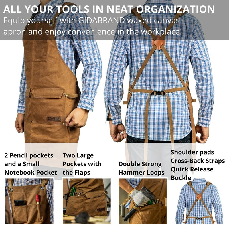 Priti - Luxury Waxed Canvas Shop Apron | Heavy Duty Work Apron for Men & Women with Pocket & Cross-Back Straps | Adjustable Tool Apron Up To XXL (Brown) - Image 2