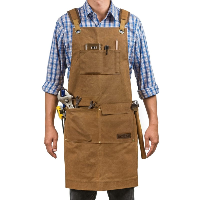 Priti - Luxury Waxed Canvas Shop Apron | Heavy Duty Work Apron for Men & Women with Pocket & Cross-Back Straps | Adjustable Tool Apron Up To XXL (Brown) - Image 1