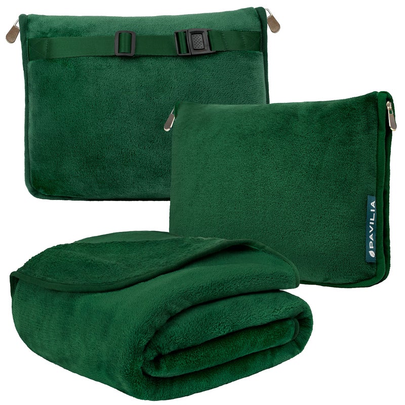 PAVILIA PAVILIA Travel Blanket Pillow Soft Airplane Blanket 2in1 Combo Set Plane Blanket Compact Packable Flight Essentials Car Pillow Travelers Gifts Accessories Luggage Backpack Strap 60x43 Green 