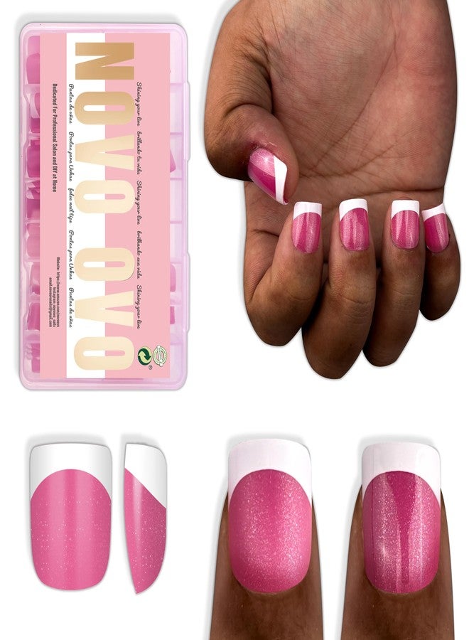 NOVO OVO Extra Short White French Tip Nail Tips, XS XXS Square Round ROSE PINK, for Wide & Short Nail Beds, Thick Full Cover Press on for Women Men, Soft Gel Acrylic Extension kit, 16 Sizes x 224pcs - Image 1