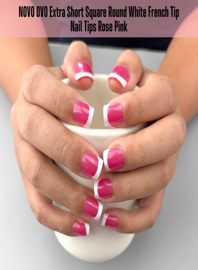 NOVO OVO Extra Short White French Tip Nail Tips, XS XXS Square Round ROSE PINK, for Wide & Short Nail Beds, Thick Full Cover Press on for Women Men, Soft Gel Acrylic Extension kit, 16 Sizes x 224pcs - Image 2