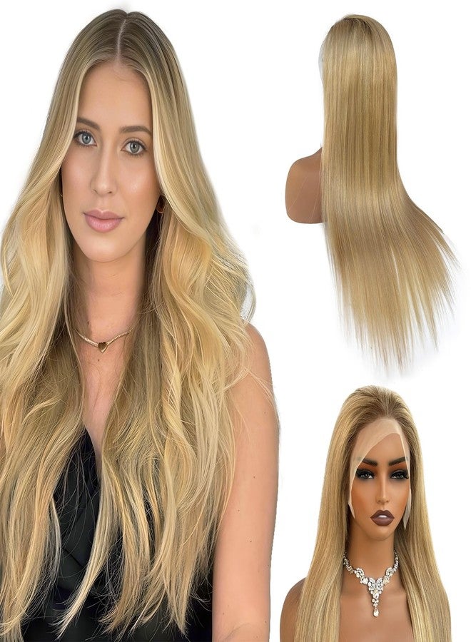 Licoville Human Hair Blonde Highlight Wig 180% Density Soft Straight Light Blonde Balayage 13x6 HD Lace Front Wig 18 Inch Brown to Blonde Ombre Human Hair Lace Front Wigs with Highlights Pre Plucked - Image 1