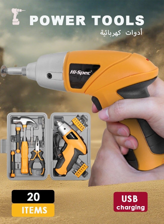 Hi-Spec Power Tools,Drill,Electric Cordless Screwdriver With 20pcs Accessories USB Rechargeable Portable Electric Screwdriver Tools Set Adjustable Torque Cordless Screwdriver For Small Home Projects Home DIY Repair - Image 1