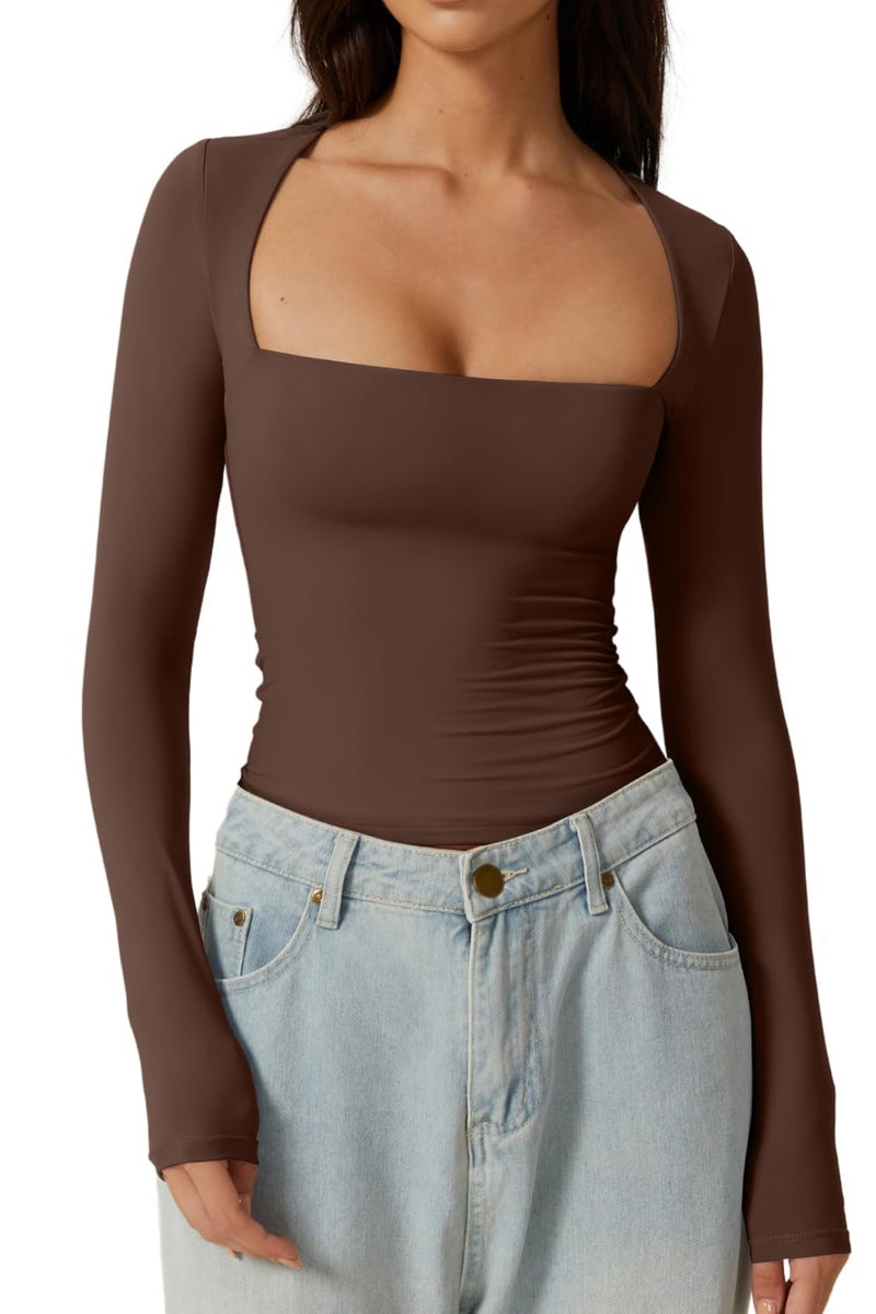 QINSEN Fall Tops for Women Slim Fit Sexy Square Neck T Shirt Long Sleeve Y2K Crop Top Coffee Bean S - Image 1