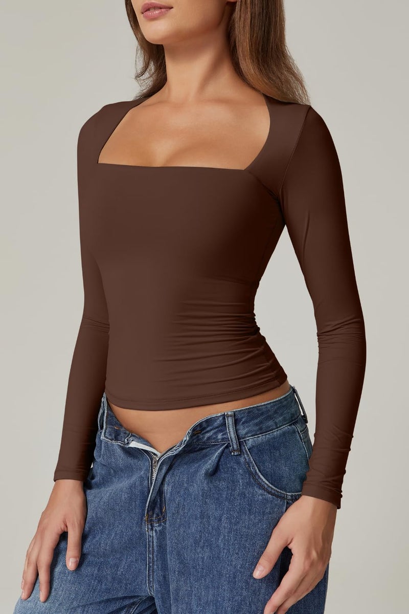 QINSEN Fall Tops for Women Slim Fit Sexy Square Neck T Shirt Long Sleeve Y2K Crop Top Coffee Bean S - Image 4