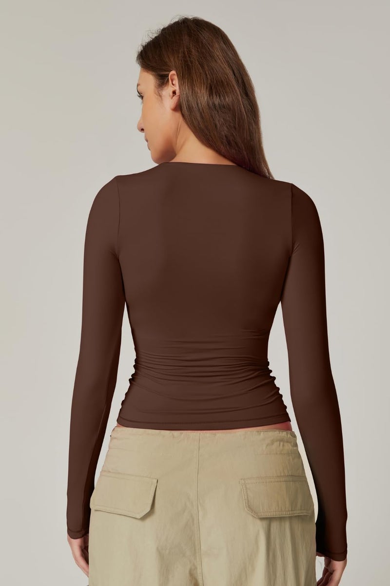 QINSEN Fall Tops for Women Slim Fit Sexy Square Neck T Shirt Long Sleeve Y2K Crop Top Coffee Bean S - Image 2