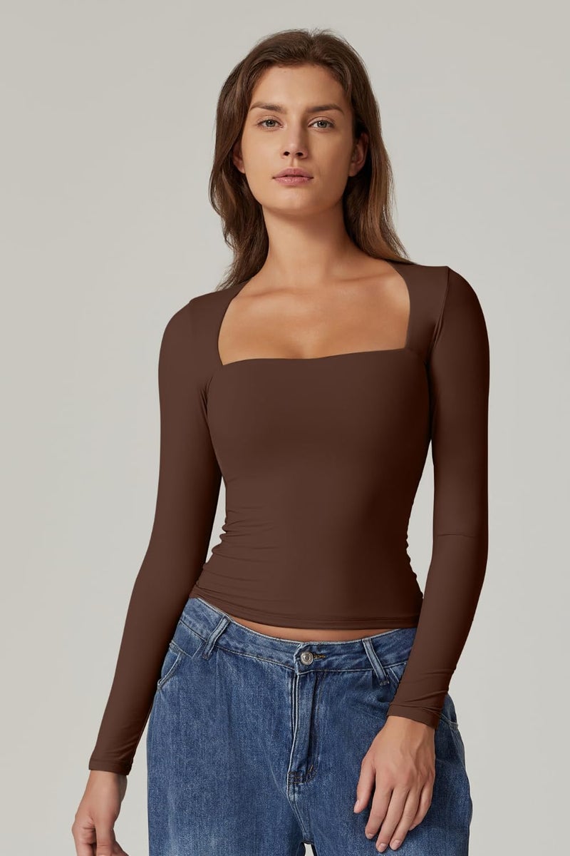 QINSEN Fall Tops for Women Slim Fit Sexy Square Neck T Shirt Long Sleeve Y2K Crop Top Coffee Bean S - Image 3