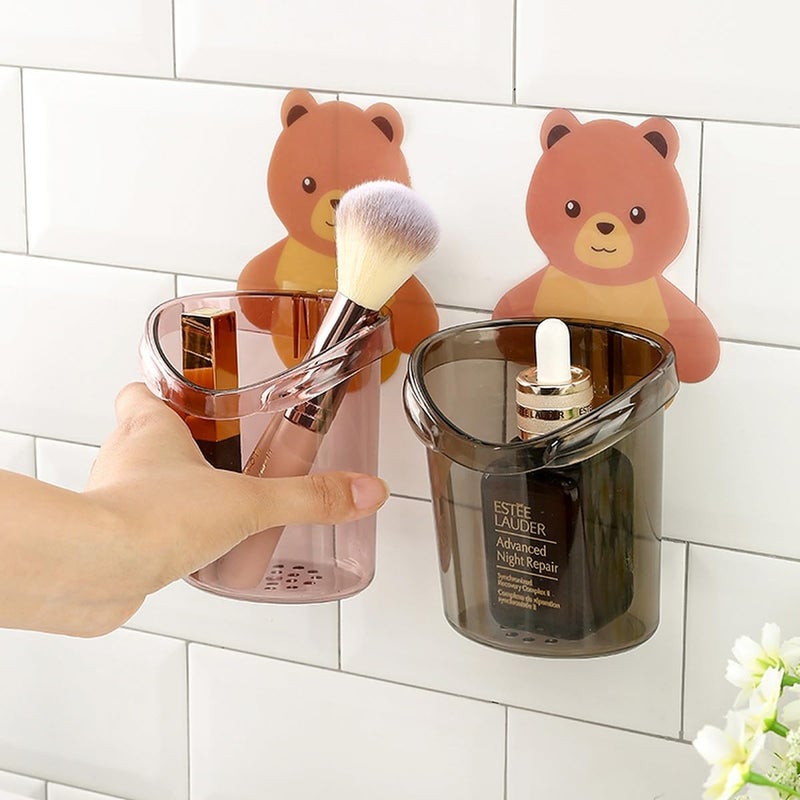 OffyBird OffyBird 2 Pcs Teddy Bear Toothbrush Holder Stand Rack Shelf for Bathroom Self-Adhesive Plastic Wall-Mounted Organizer for Toothbrushes, Toothpaste, and Lotion - No Drill, Waterproof with Cup Drain - Image 4