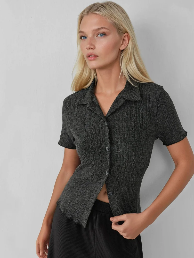 HICCUP Textured Short Sleeve Blouse with Shirt Collar
