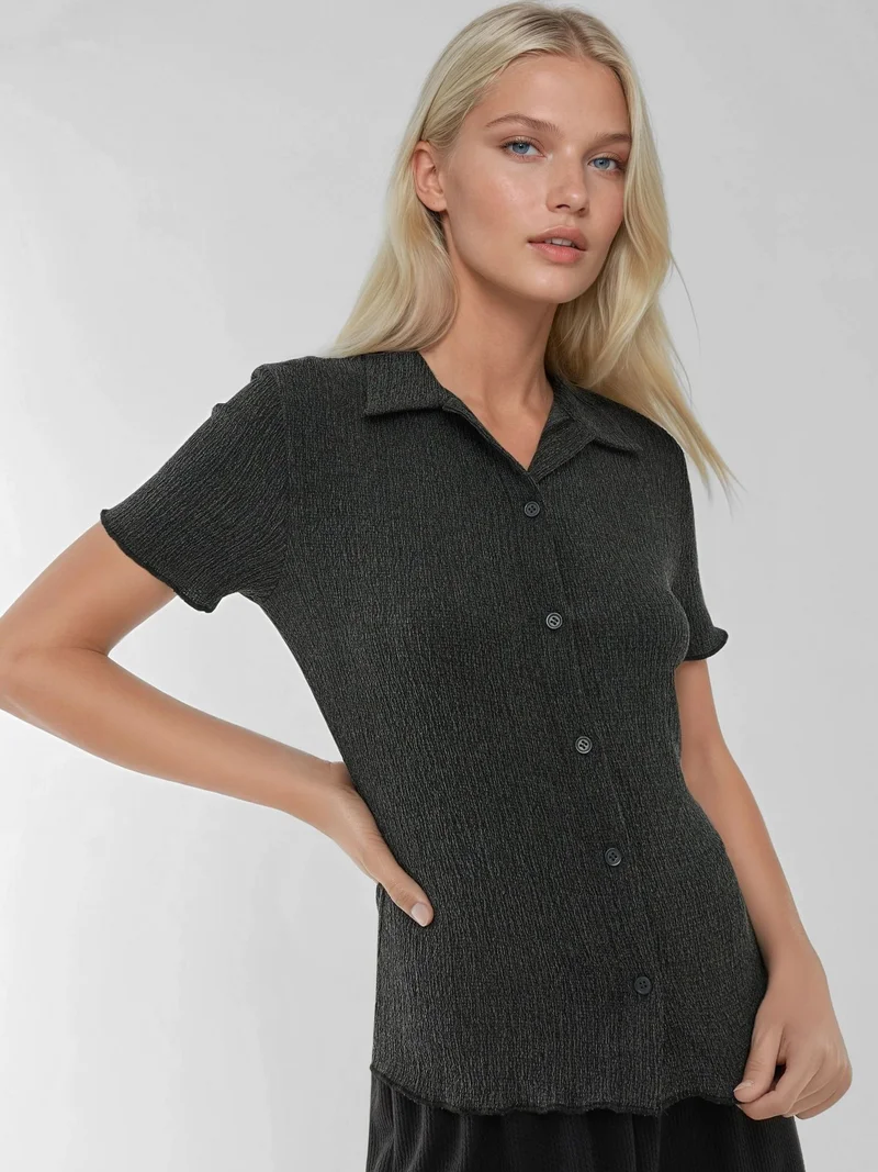 HICCUP Textured Short Sleeve Blouse with Shirt Collar