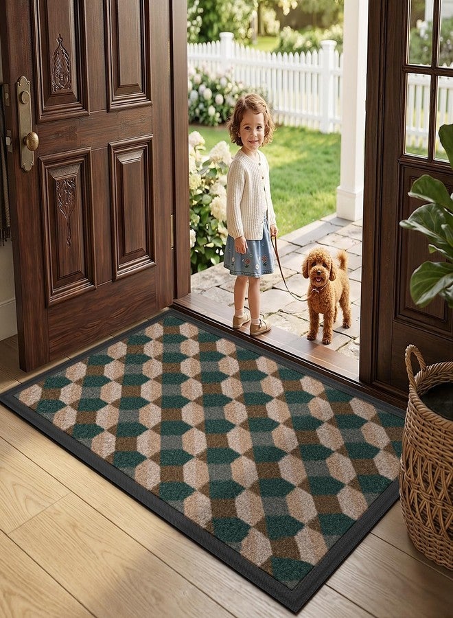 LUMI Front Door Mat 24x36, Low-Profile Non-Slip Welcome Mat for Indoor Outdoor, Stain & Fade Resistant Geometric Door Mat for Entryway Patio Porch, Geo-Olive - Image 2