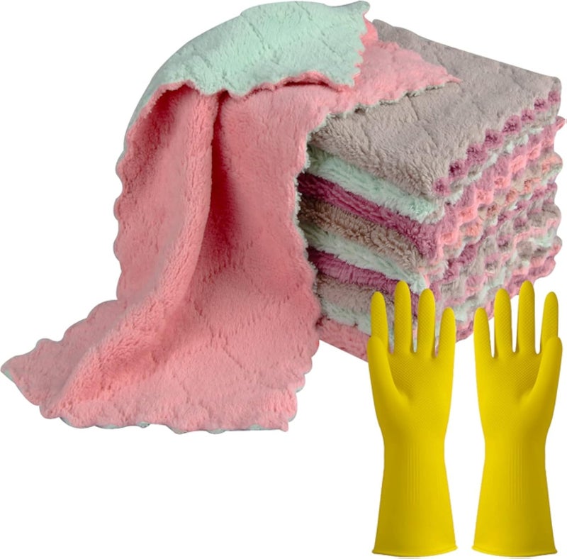 Kitchen Cloths Dish Towels with Rubber Glove, Super Absorbent Coral Velvet Double-Sided Microfiber Premium Dishtowel, Nonstick Oil Washable Fast Drying Dishcloth for Home Cleaning, Car, ect.