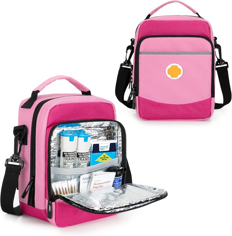 CURMIO EpiPen Carrying Case, Insulated Medicine Bag for EpiPens, Auvi-Q, Asthma Inhaler, Spacer, Pink (Bag Only, Patented Design)