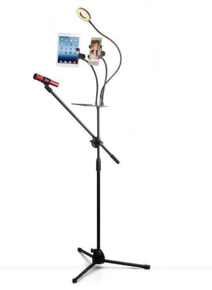 WALALLA Adjustable Height Microphone Floor Stand with Phone Clip, USB Mini Fill Light, Sound Card Tray, 360° Rotating Boom Arm Mic Stand for Live Streaming Singing Recording, Mic Not Included - Image 1